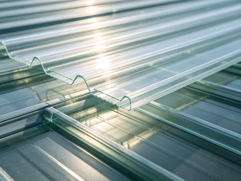 Clear corrugated polycarbonate roofing sheet aligned with a metal roof profile