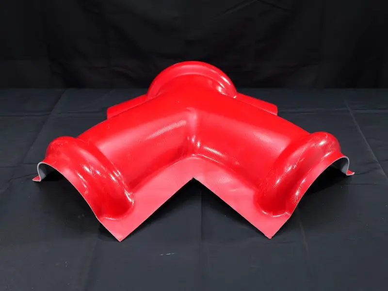 Red 3-way roof ridge connector with three molded branches
