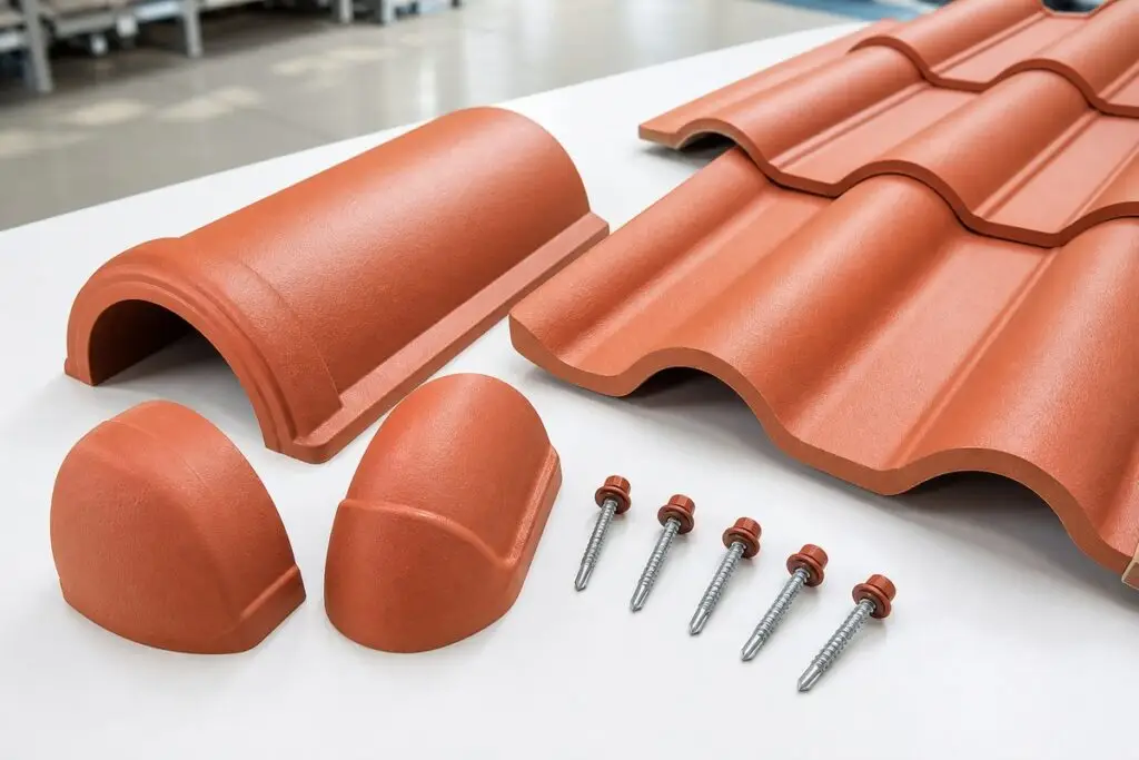 Roof ridge cap and end cap details for synthetic Spanish roof tile installation