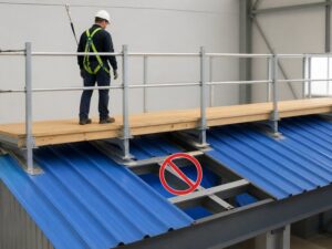 Technician standing on a guarded platform above blue plastic roofing sheets