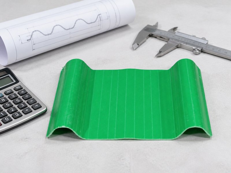 Green corrugated PVC roofing sheet sample with a caliper, drawing and calculator