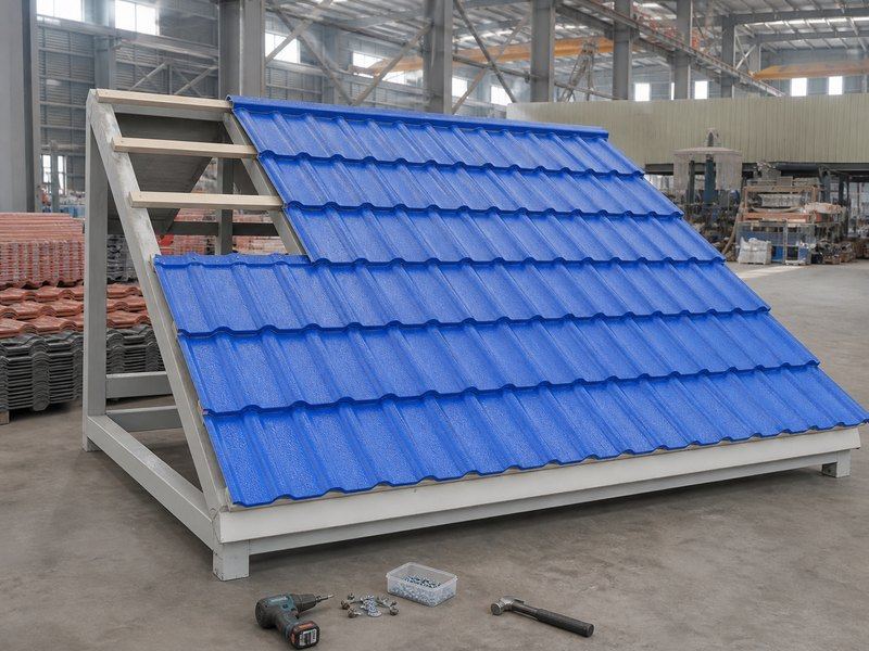 Panneaux de tuiles en résine synthétique alignés sur les pannes lors de l'installation