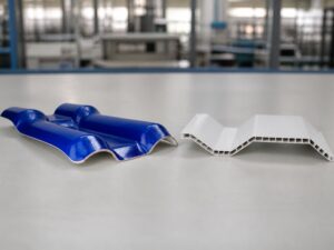 Solid and hollow UPVC roofing sheet profiles on a factory inspection bench