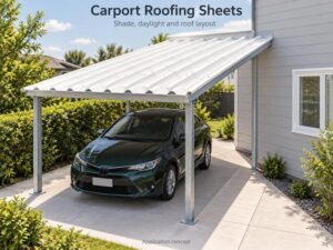 White opaque corrugated carport roof shading a parked car beside a house