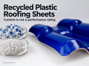 Concept illustration of plastic flakes and pellets beside a blue roofing sheet