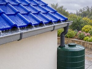 Blue resin tile roof eave with a gutter and downpipe leading to a closed rainwater tank