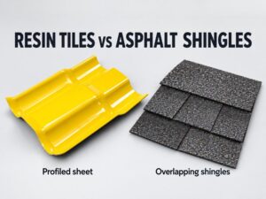 Yellow profiled resin tile sheet beside a charcoal asphalt shingle illustration