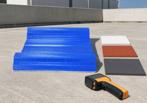 Blue HESU synthetic resin roof tile with white, red and dark gray color samples in sunlight