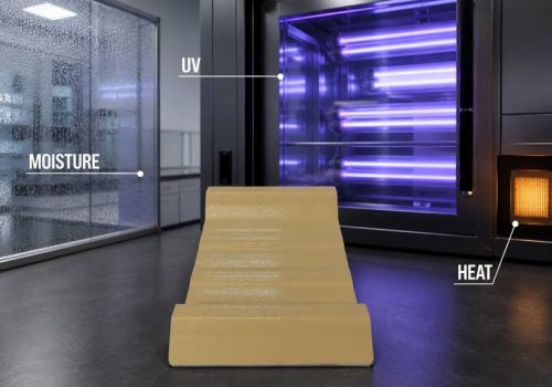 Plastic roofing sample beside a weathering chamber with UV moisture and heat labels