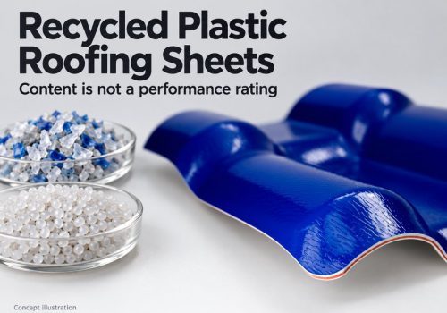 Concept illustration of plastic flakes and pellets beside a blue roofing sheet