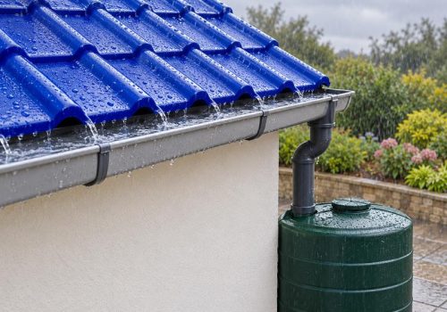 Blue resin tile roof eave with a gutter and downpipe leading to a closed rainwater tank