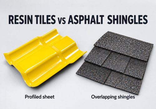 Yellow profiled resin tile sheet beside a charcoal asphalt shingle illustration