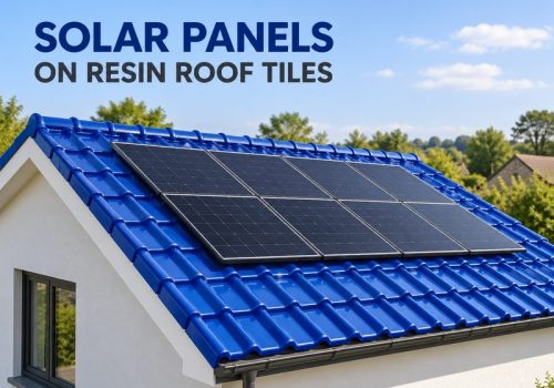 Concept illustration of black solar panels above a blue tile-profile resin roof